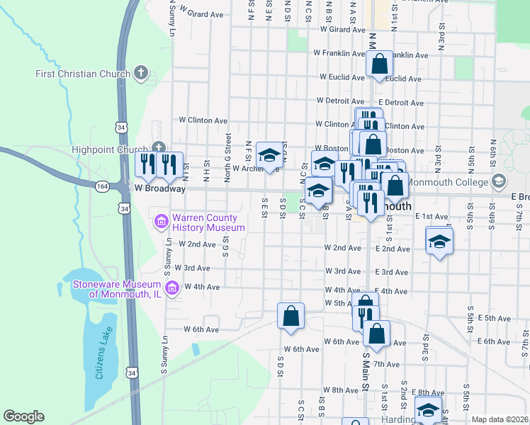 map of restaurants, bars, coffee shops, grocery stores, and more near 599 W 1st Ave in Monmouth