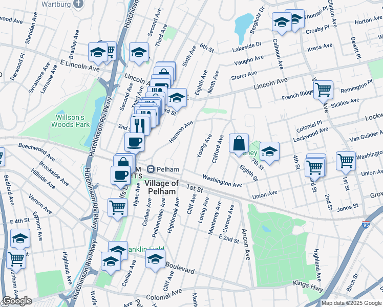 map of restaurants, bars, coffee shops, grocery stores, and more near 33 Highbrook Avenue in Village of Pelham