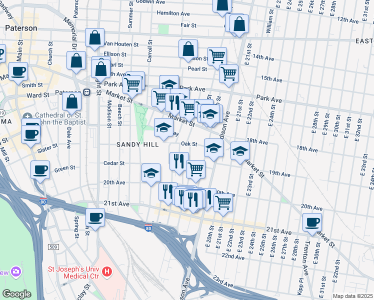 map of restaurants, bars, coffee shops, grocery stores, and more near 10-12 Lewis Street in Paterson