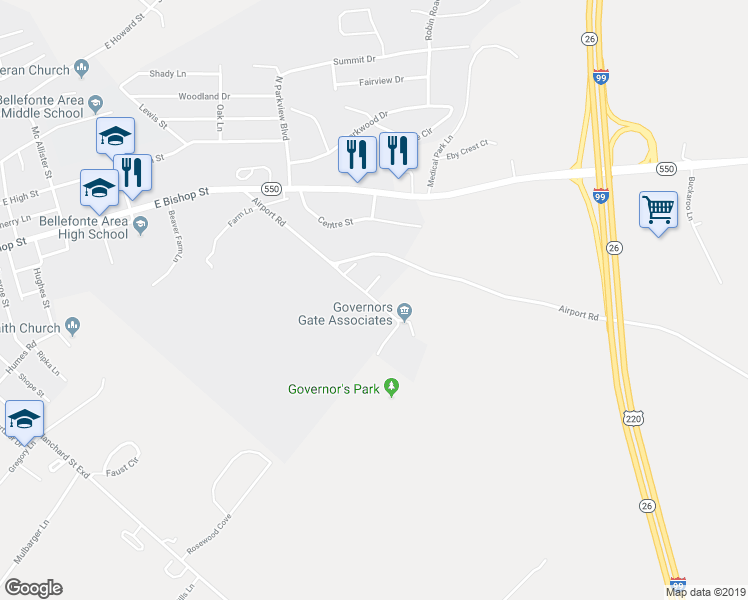 map of restaurants, bars, coffee shops, grocery stores, and more near 401 Governors Park Road in Bellefonte
