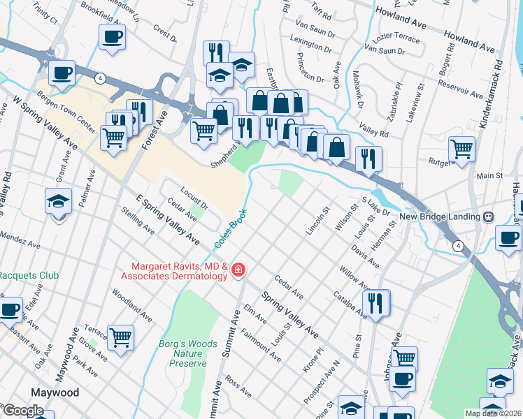 map of restaurants, bars, coffee shops, grocery stores, and more near 205 Willow Avenue in Hackensack