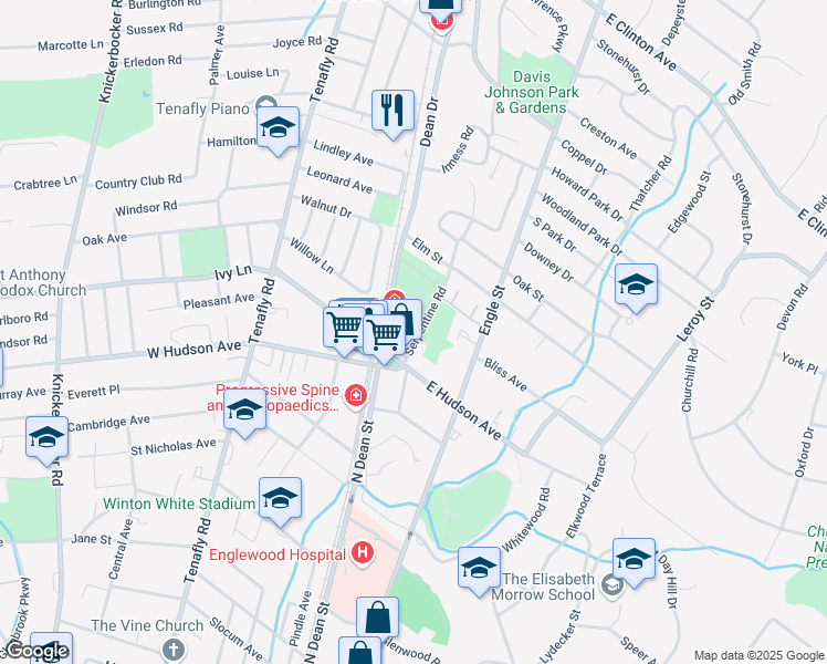 map of restaurants, bars, coffee shops, grocery stores, and more near 9 Serpentine Road in Tenafly