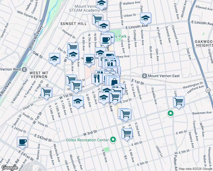 map of restaurants, bars, coffee shops, grocery stores, and more near 15 South 5th Avenue in Mount Vernon