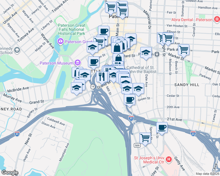 map of restaurants, bars, coffee shops, grocery stores, and more near 68 Marshall Street in Paterson