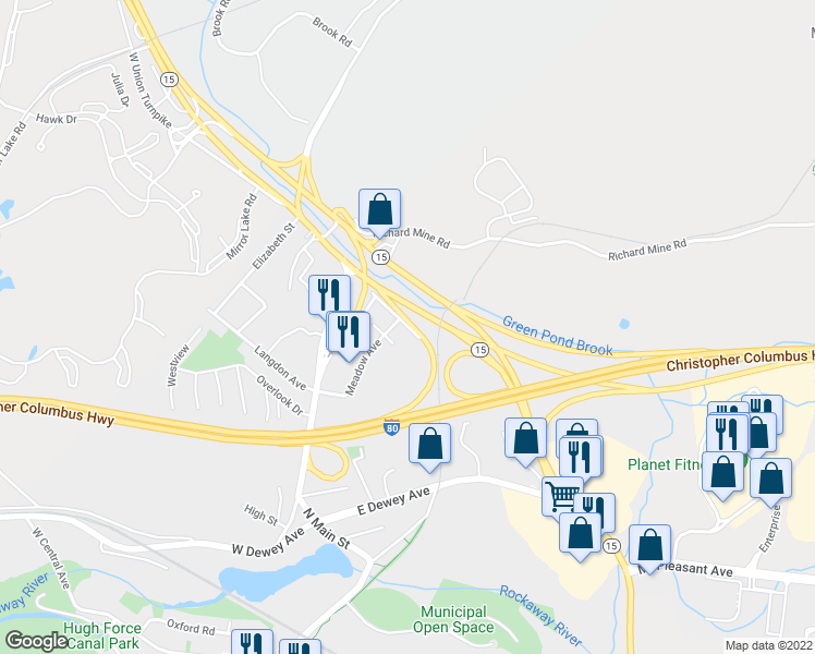 map of restaurants, bars, coffee shops, grocery stores, and more near 88 East Union Turnpike in Wharton