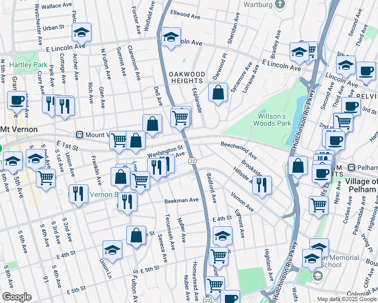 map of restaurants, bars, coffee shops, grocery stores, and more near 199 Hartford Avenue in Mount Vernon