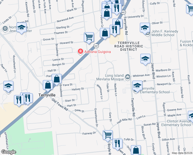 map of restaurants, bars, coffee shops, grocery stores, and more near 80 Greenhaven Drive in Port Jefferson Station
