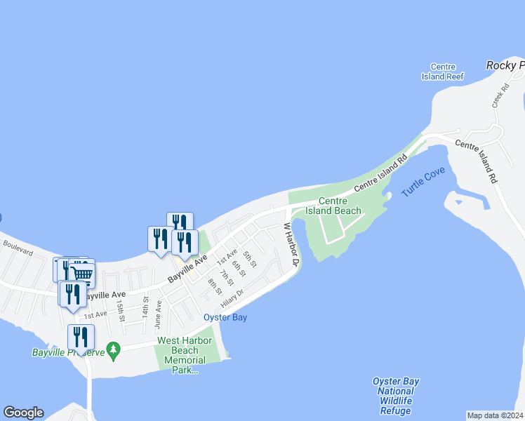 map of restaurants, bars, coffee shops, grocery stores, and more near 417 Bayville Avenue in Bayville