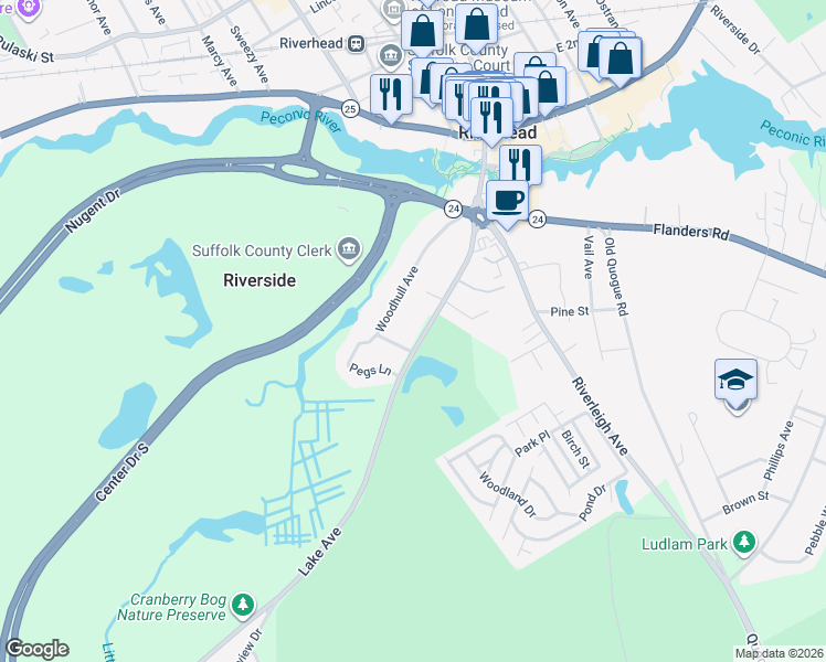 map of restaurants, bars, coffee shops, grocery stores, and more near 143 Lake Avenue in Riverhead