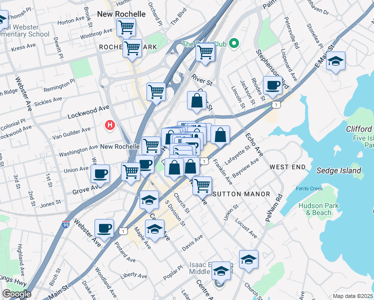 map of restaurants, bars, coffee shops, grocery stores, and more near 25 Lecount Place in New Rochelle