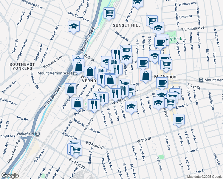 map of restaurants, bars, coffee shops, grocery stores, and more near in Mount Vernon
