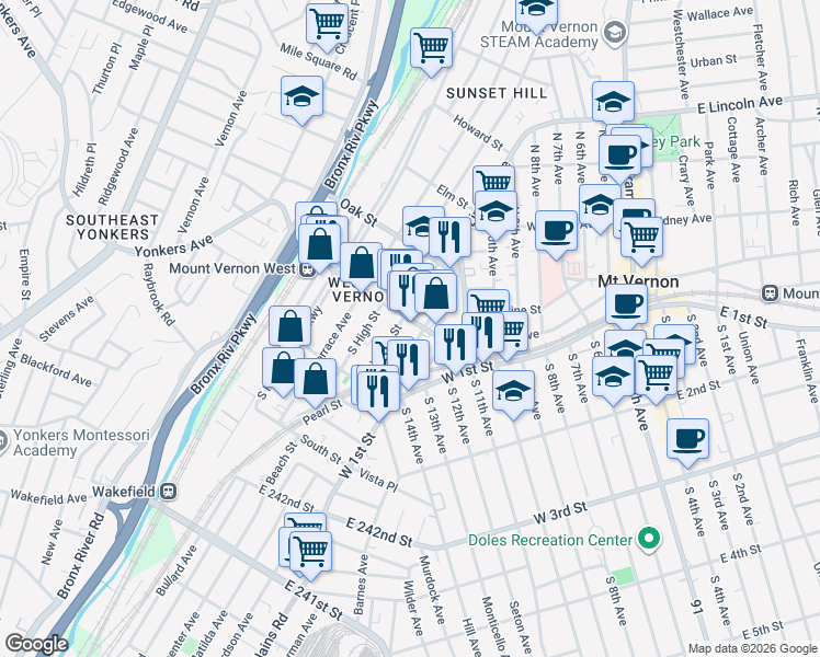 map of restaurants, bars, coffee shops, grocery stores, and more near 15 South Bleeker Street in Mount Vernon