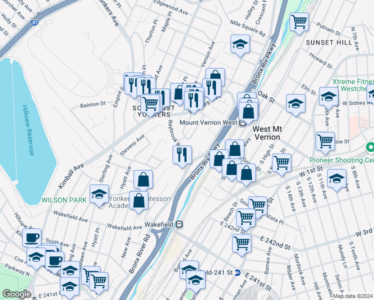 map of restaurants, bars, coffee shops, grocery stores, and more near 131 Huntsbridge Road in Yonkers