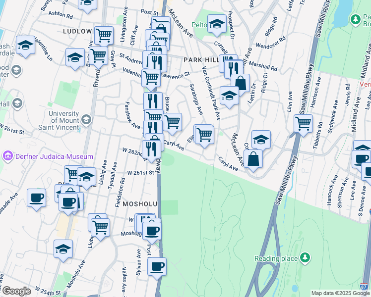 map of restaurants, bars, coffee shops, grocery stores, and more near 40 Caryl Avenue in Yonkers