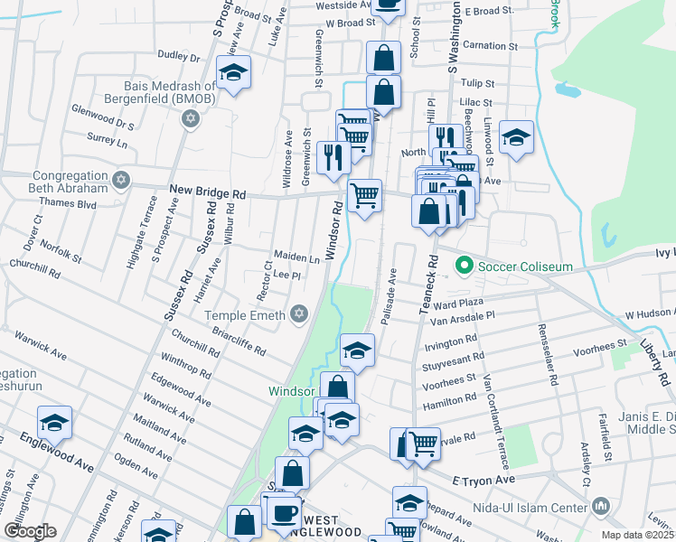 map of restaurants, bars, coffee shops, grocery stores, and more near 562 Windsor Road in Bergenfield