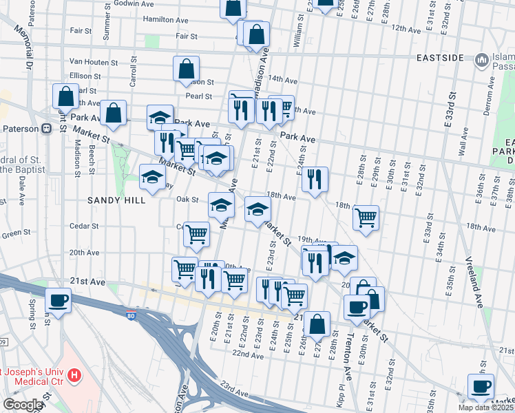map of restaurants, bars, coffee shops, grocery stores, and more near 579 Market Street in Paterson
