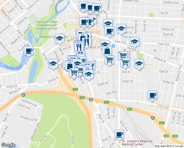 map of restaurants, bars, coffee shops, grocery stores, and more near 220 Slater Street in Paterson