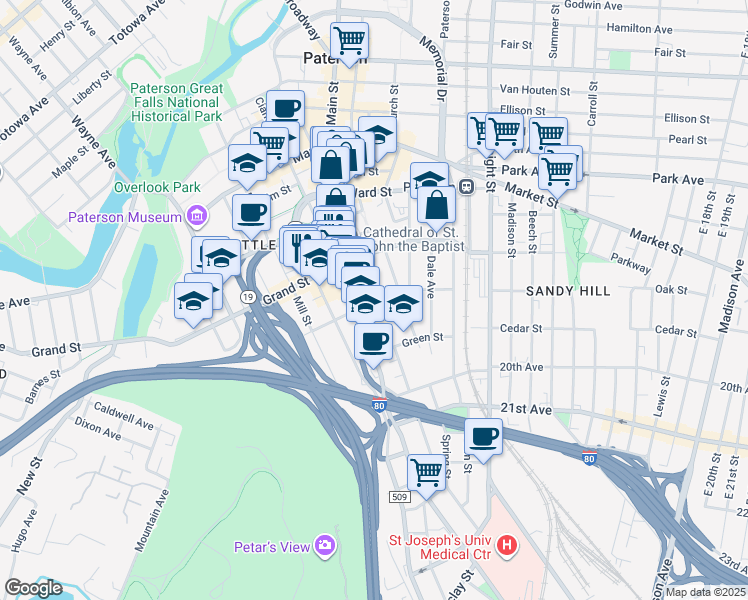 map of restaurants, bars, coffee shops, grocery stores, and more near 421 Main Street in Paterson