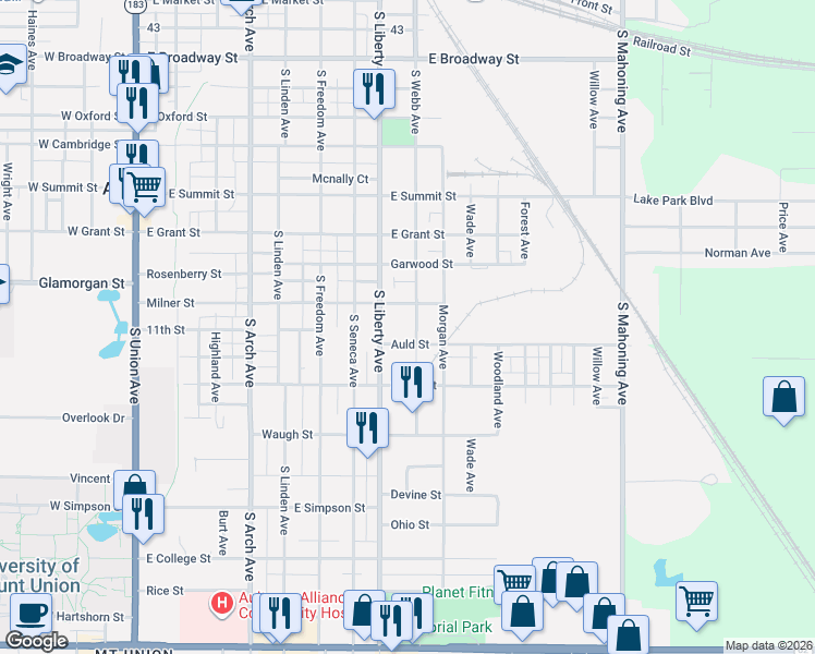 map of restaurants, bars, coffee shops, grocery stores, and more near 1040 South Webb Avenue in Alliance