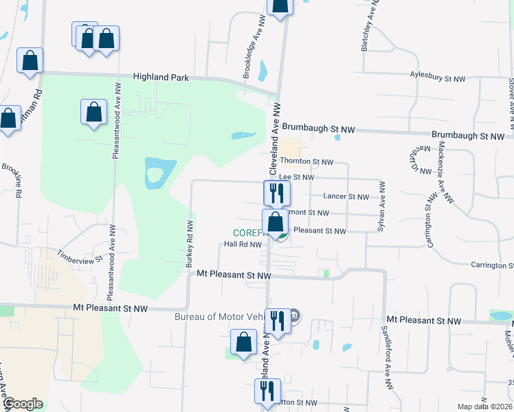 map of restaurants, bars, coffee shops, grocery stores, and more near 3280 Sumser Street Northwest in North Canton