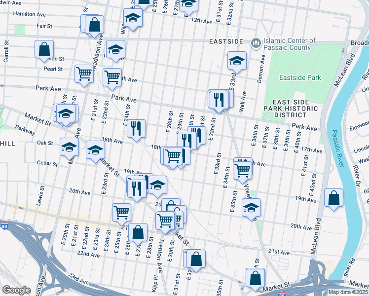 map of restaurants, bars, coffee shops, grocery stores, and more near 460 East 30th Street in Paterson