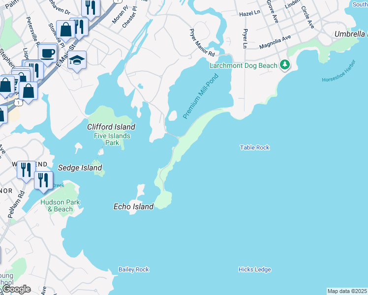 map of restaurants, bars, coffee shops, grocery stores, and more near 108 Premium Point in New Rochelle
