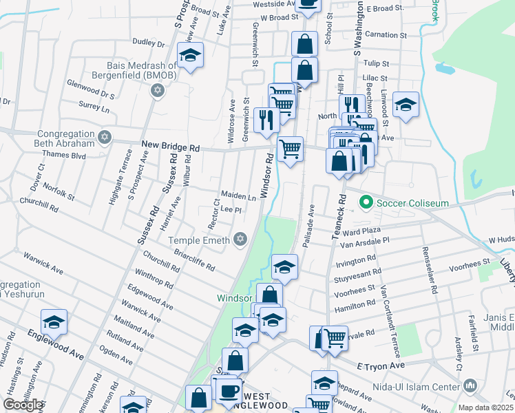 map of restaurants, bars, coffee shops, grocery stores, and more near 562 Windsor Road in Bergenfield