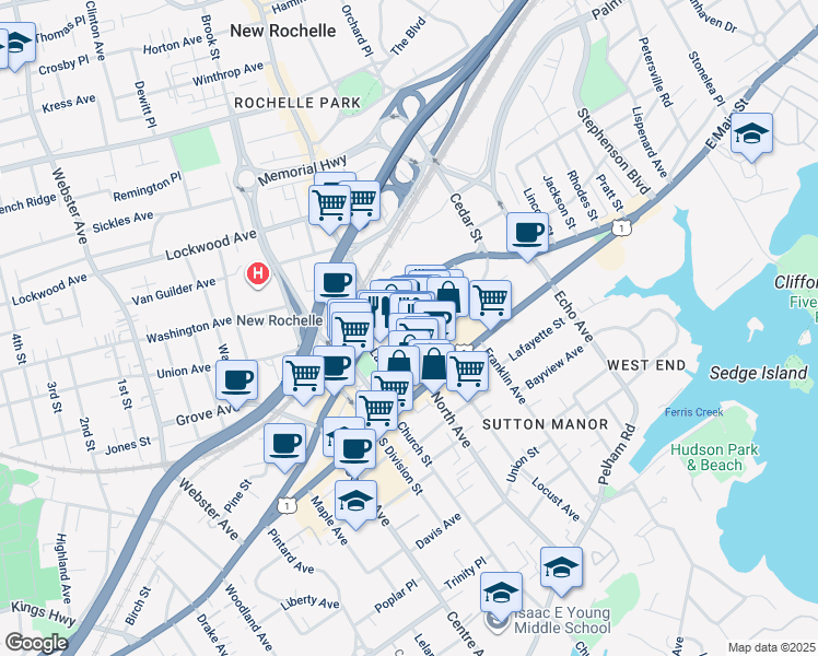 map of restaurants, bars, coffee shops, grocery stores, and more near in New Rochelle