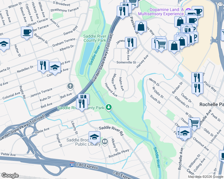 map of restaurants, bars, coffee shops, grocery stores, and more near 152 Howard Avenue in Rochelle Park
