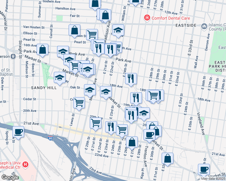 map of restaurants, bars, coffee shops, grocery stores, and more near 859 East 23rd Street in Paterson