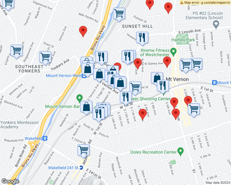 map of restaurants, bars, coffee shops, grocery stores, and more near 6 South Bond Street in Mount Vernon