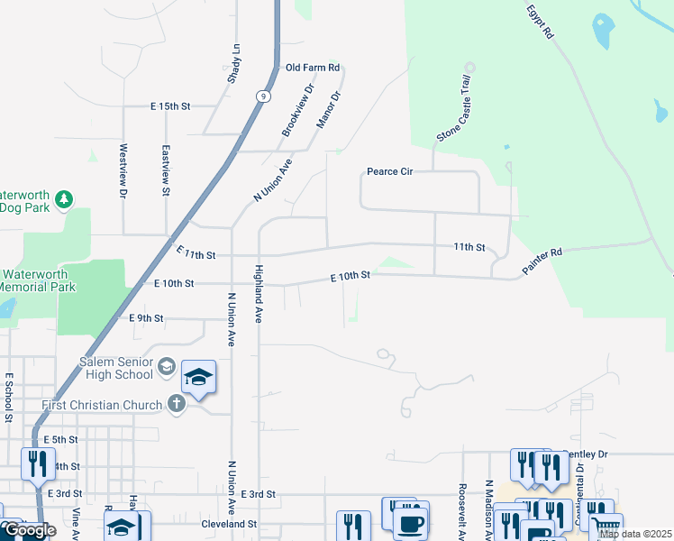 map of restaurants, bars, coffee shops, grocery stores, and more near 1600 Painter Road in Salem