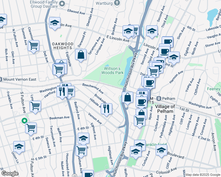 map of restaurants, bars, coffee shops, grocery stores, and more near 127 Pelhamdale Avenue in Mount Vernon