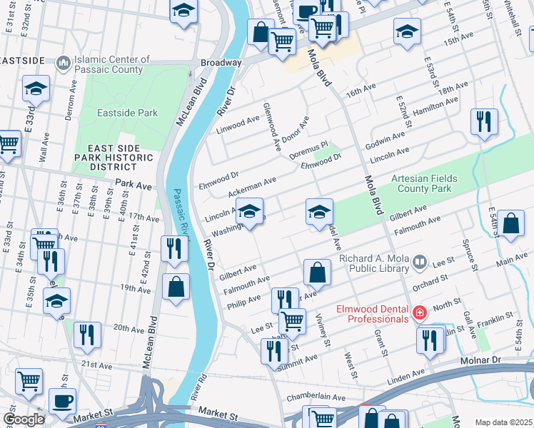 map of restaurants, bars, coffee shops, grocery stores, and more near 44 Washington Avenue in Elmwood Park