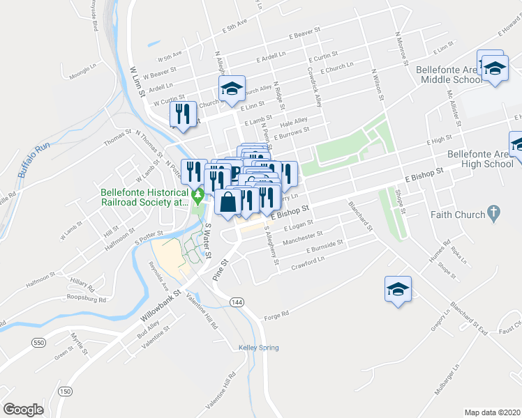 map of restaurants, bars, coffee shops, grocery stores, and more near 143 South Allegheny Street in Bellefonte