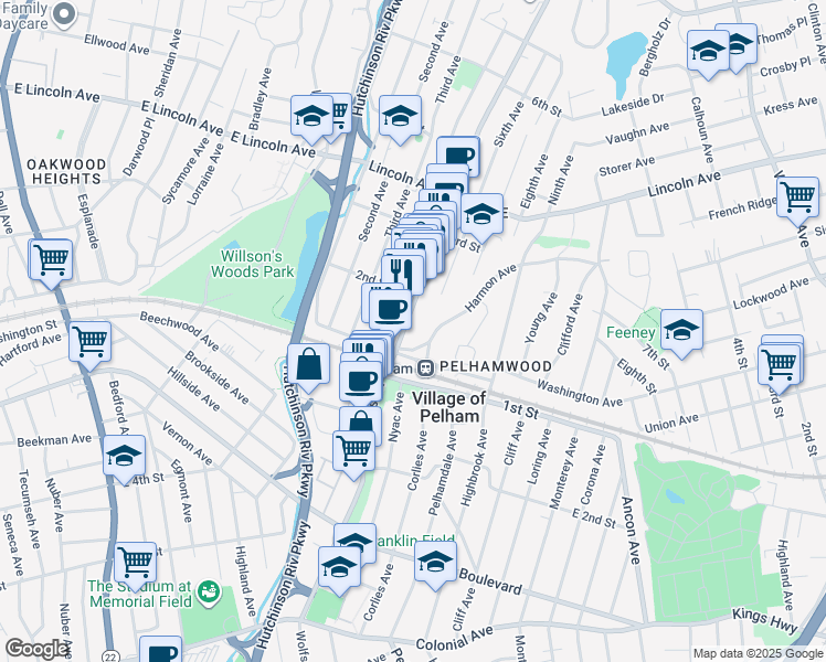 map of restaurants, bars, coffee shops, grocery stores, and more near 20 Fifth Avenue in Village of Pelham