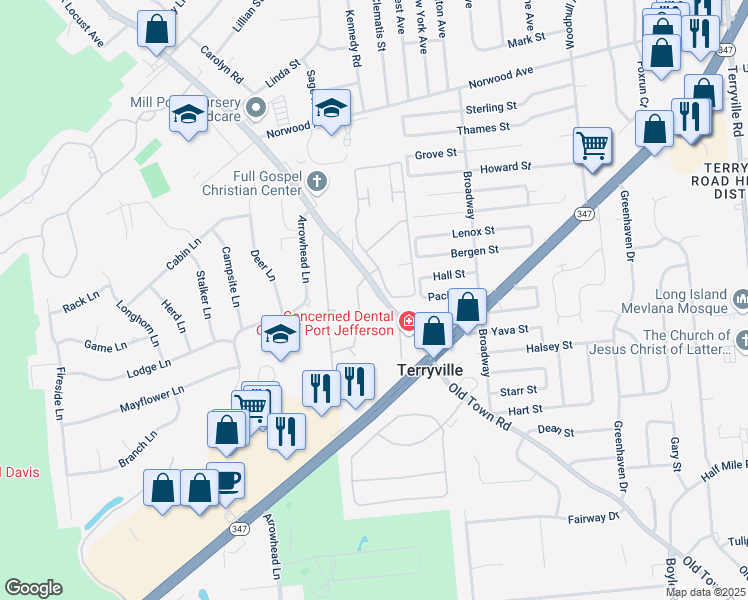 map of restaurants, bars, coffee shops, grocery stores, and more near 22 Old Town Road in Port Jefferson Station
