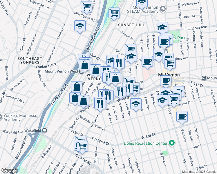 map of restaurants, bars, coffee shops, grocery stores, and more near 15 South Bleeker Street in Mount Vernon