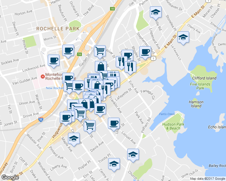 map of restaurants, bars, coffee shops, grocery stores, and more near 394 Main St in New Rochelle