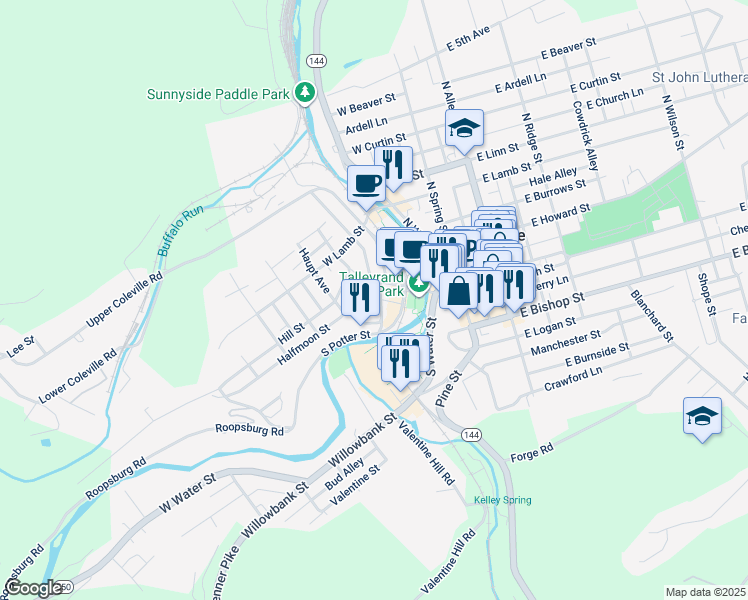 map of restaurants, bars, coffee shops, grocery stores, and more near 123 South Thomas Street in Bellefonte
