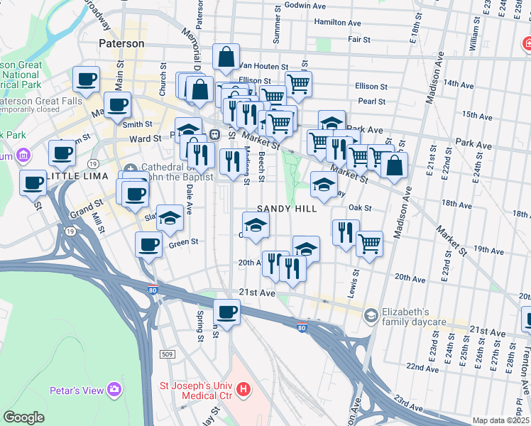 map of restaurants, bars, coffee shops, grocery stores, and more near 93 Beech Street in Paterson