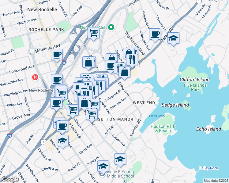 map of restaurants, bars, coffee shops, grocery stores, and more near 26 Lafayette Street in New Rochelle