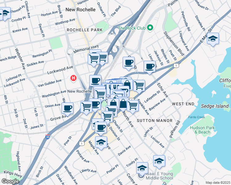 map of restaurants, bars, coffee shops, grocery stores, and more near in New Rochelle