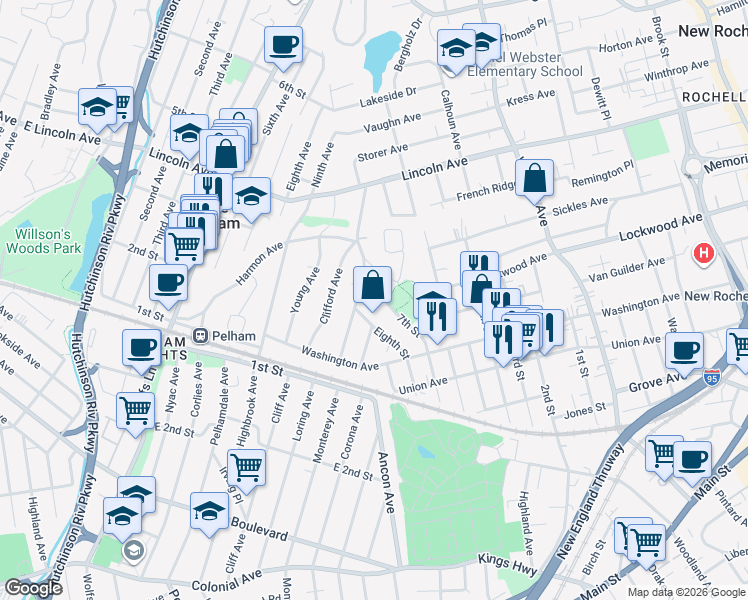map of restaurants, bars, coffee shops, grocery stores, and more near 95 Eighth Street in New Rochelle