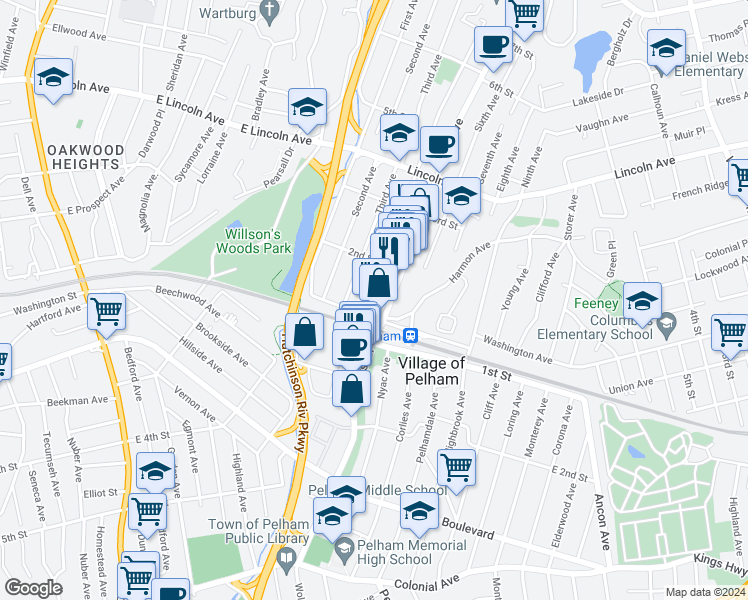 map of restaurants, bars, coffee shops, grocery stores, and more near 11 Fifth Avenue in Village of Pelham