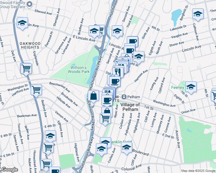 map of restaurants, bars, coffee shops, grocery stores, and more near 11 Fifth Avenue in Village of Pelham