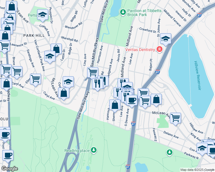 map of restaurants, bars, coffee shops, grocery stores, and more near 95 Sedgwick Avenue in Yonkers
