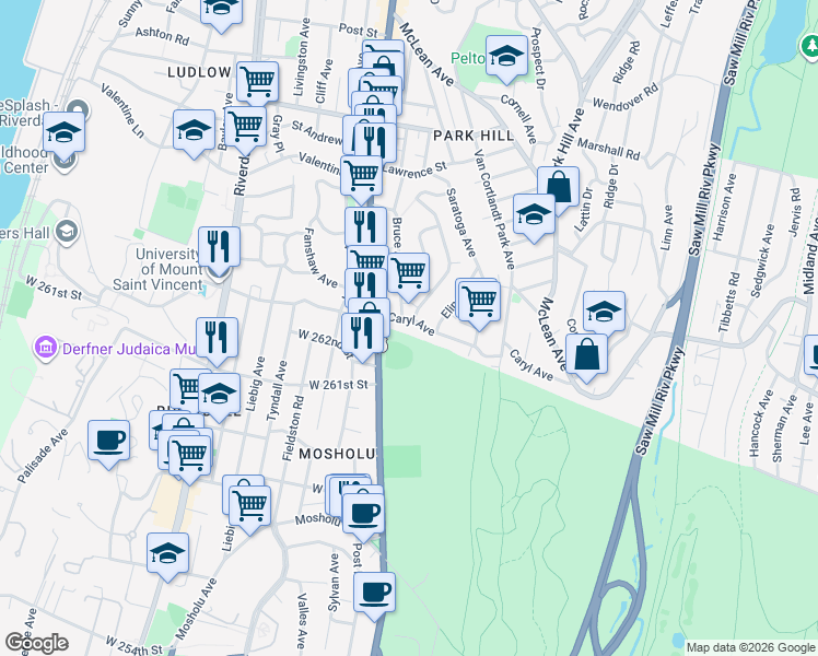 map of restaurants, bars, coffee shops, grocery stores, and more near in Yonkers