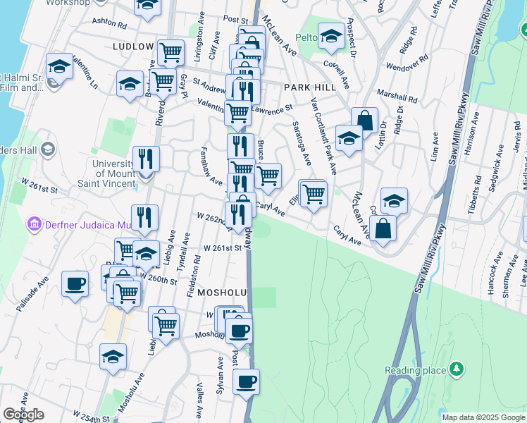 map of restaurants, bars, coffee shops, grocery stores, and more near in Yonkers