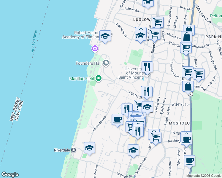 map of restaurants, bars, coffee shops, grocery stores, and more near Asylum Road in Bronx